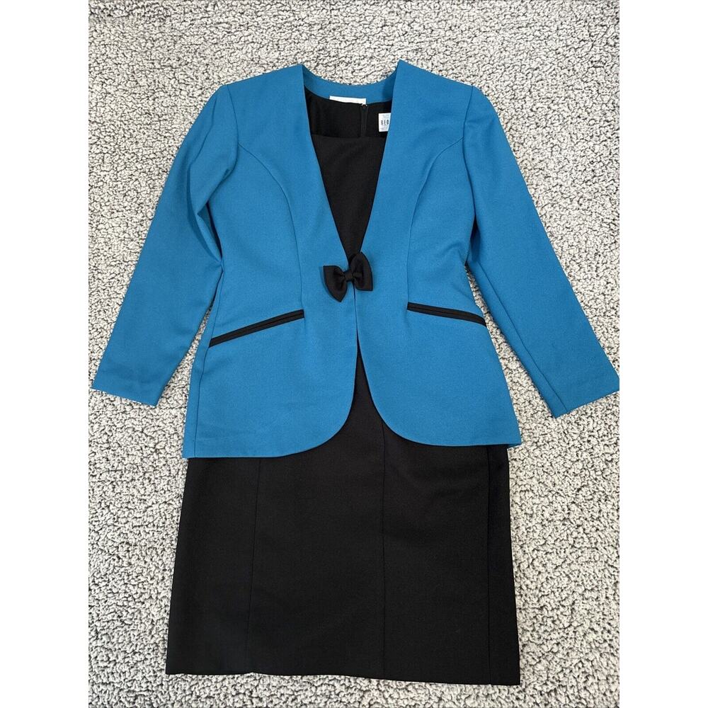Vintage Bedford Fair Blazer Sheath Dress Set Size 4P Black Turquoise Bow Snap
